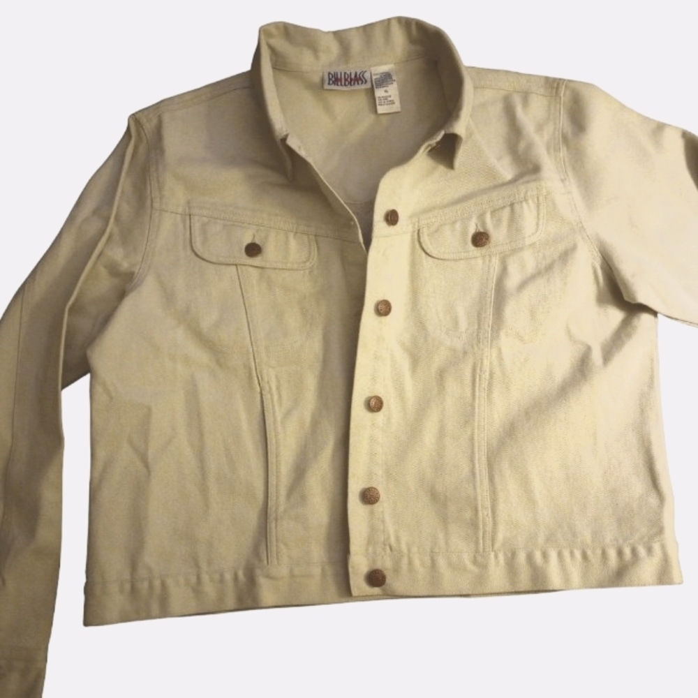 Men's Vintage Bill Blass Jean jacket. Cream with Brass Logo Buttons. Size XL